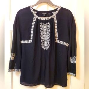 Lucky Brand black blouse with White Embroidery